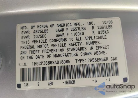 2009 Honda Accord Sdn 3.5 Ex-L/Ex-L из США, поврежденный, VIN 1HGCP36869A018065